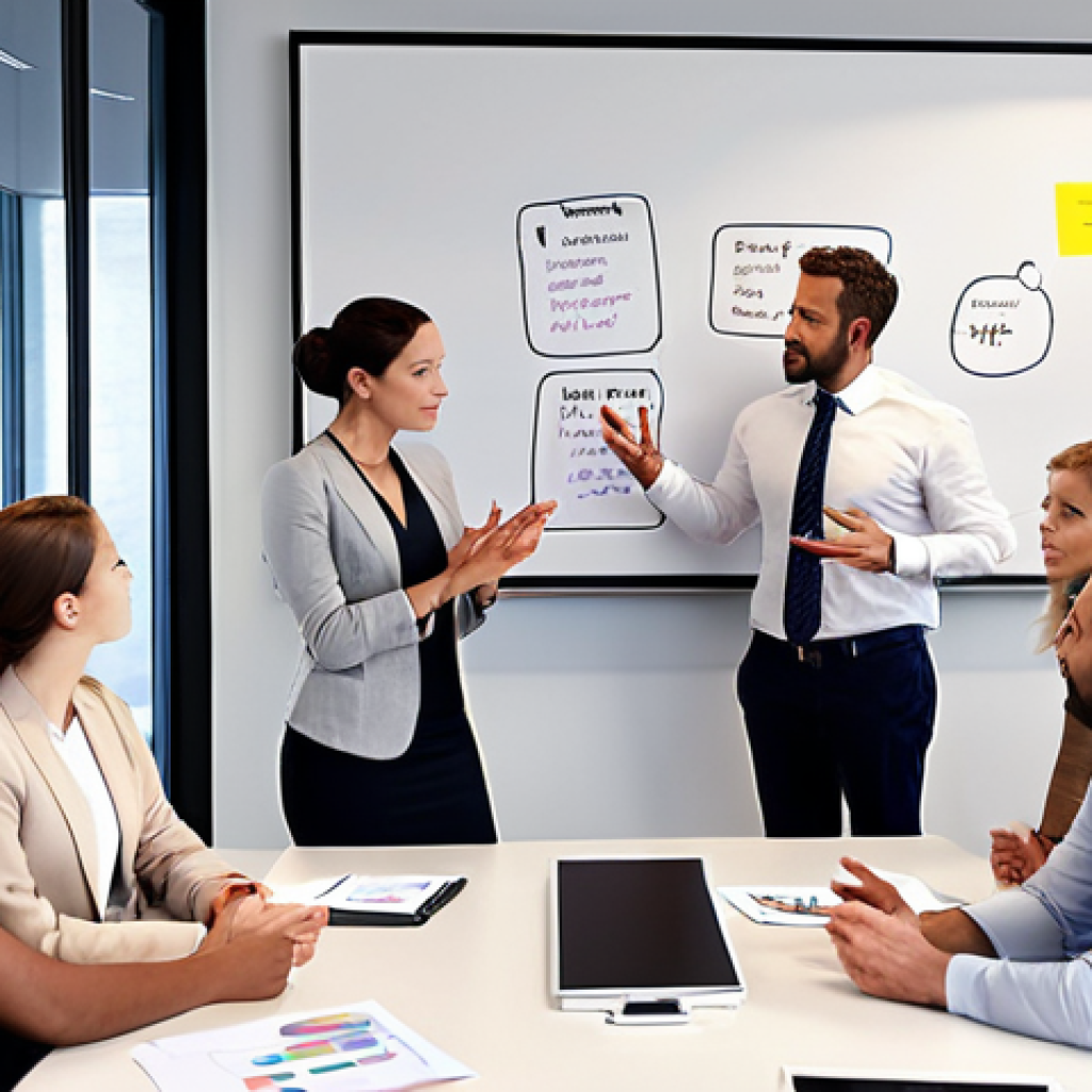 **

Prompt: Business meeting in a modern office, diverse team collaborating, manager leading with confident communication, whiteboard with strategic planning visible, emphasizing teamwork and motivation.

**