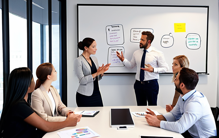 **
Prompt: Business meeting in a modern office, diverse team collaborating, manager leading with confident communication, whiteboard with strategic planning visible, emphasizing teamwork and motivation.
**